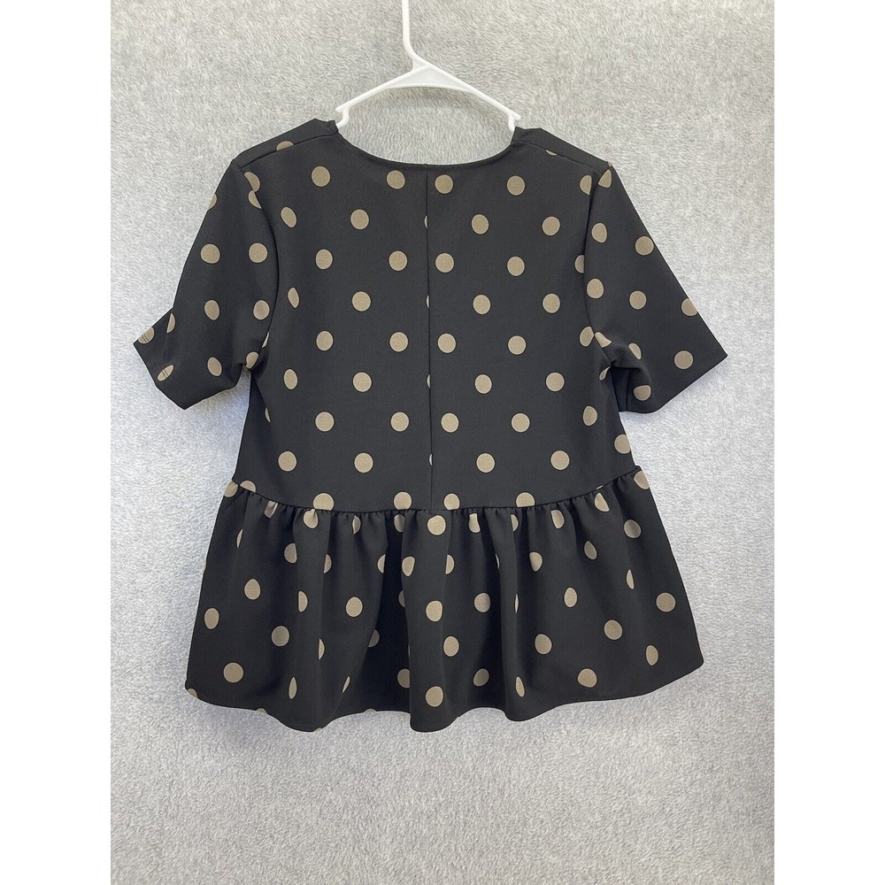 ZARA Women's Blouse Short Sleeve Polka Dot Peplum Black Brown Size Medium - Picture 2 of 8